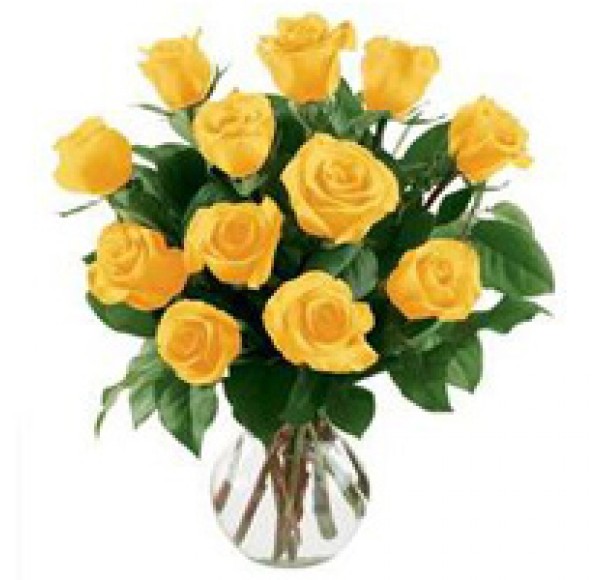 Beautiful 12 Yellow Roses in a Vase with Burst Of Joy